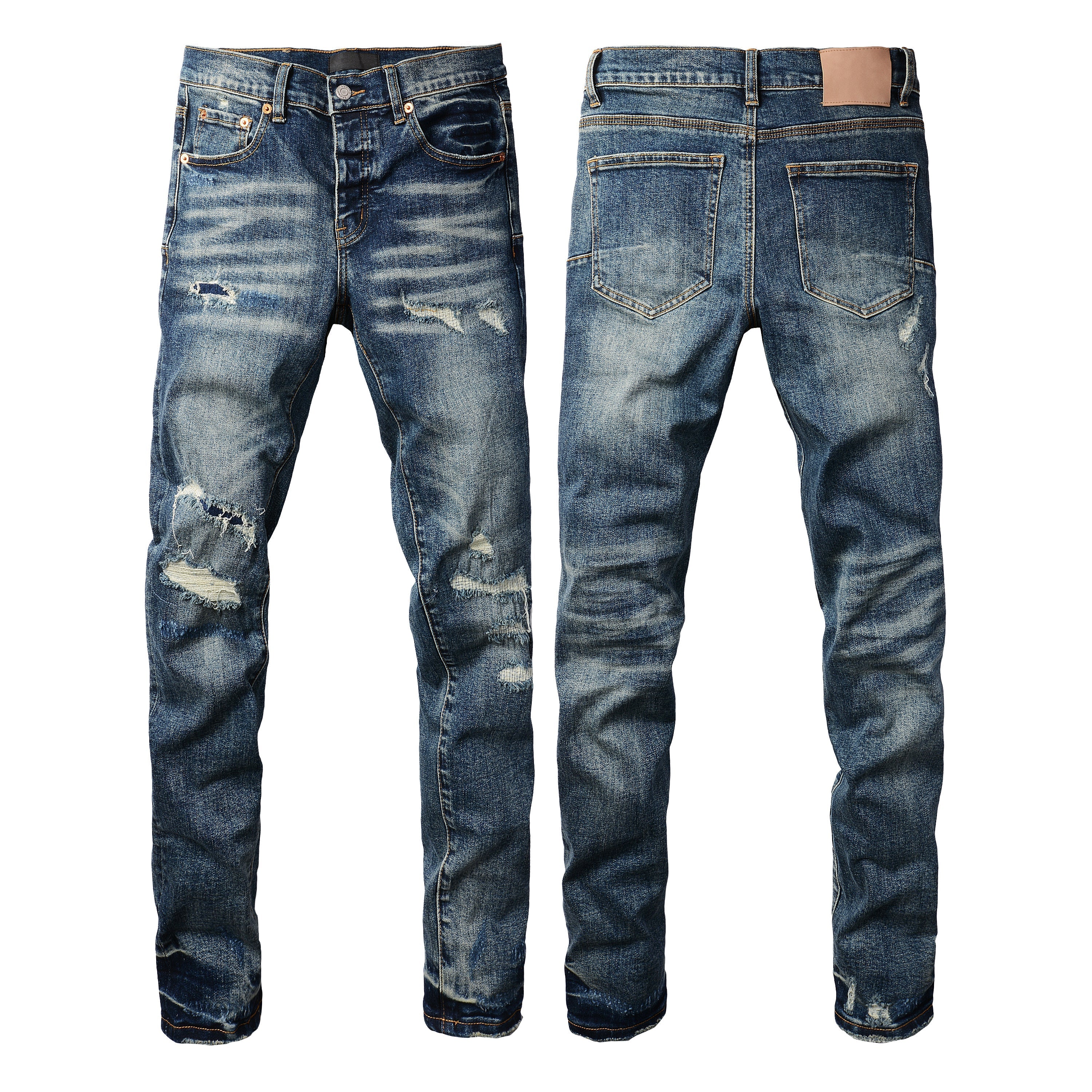 Purple Jeans Men Classic Streetwear Jeans Distressed Dark Blue Ripped Skinny 9096