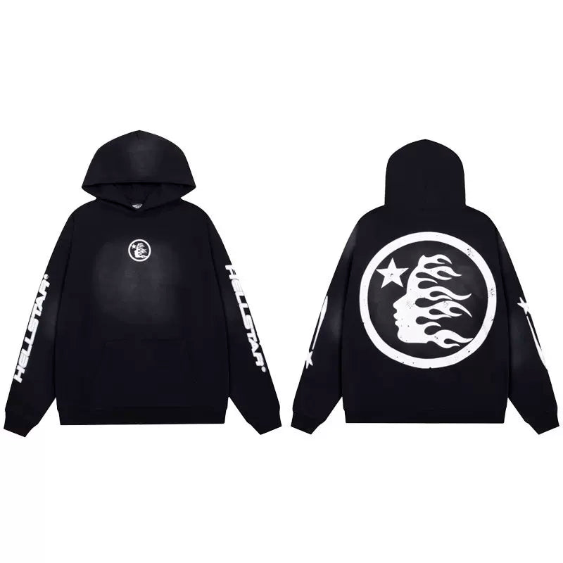 Hellstar Black Pullover Hoodie With Sleeve Script & Back Circular Icon Graphic Streetwear Hooded Sweatshirt