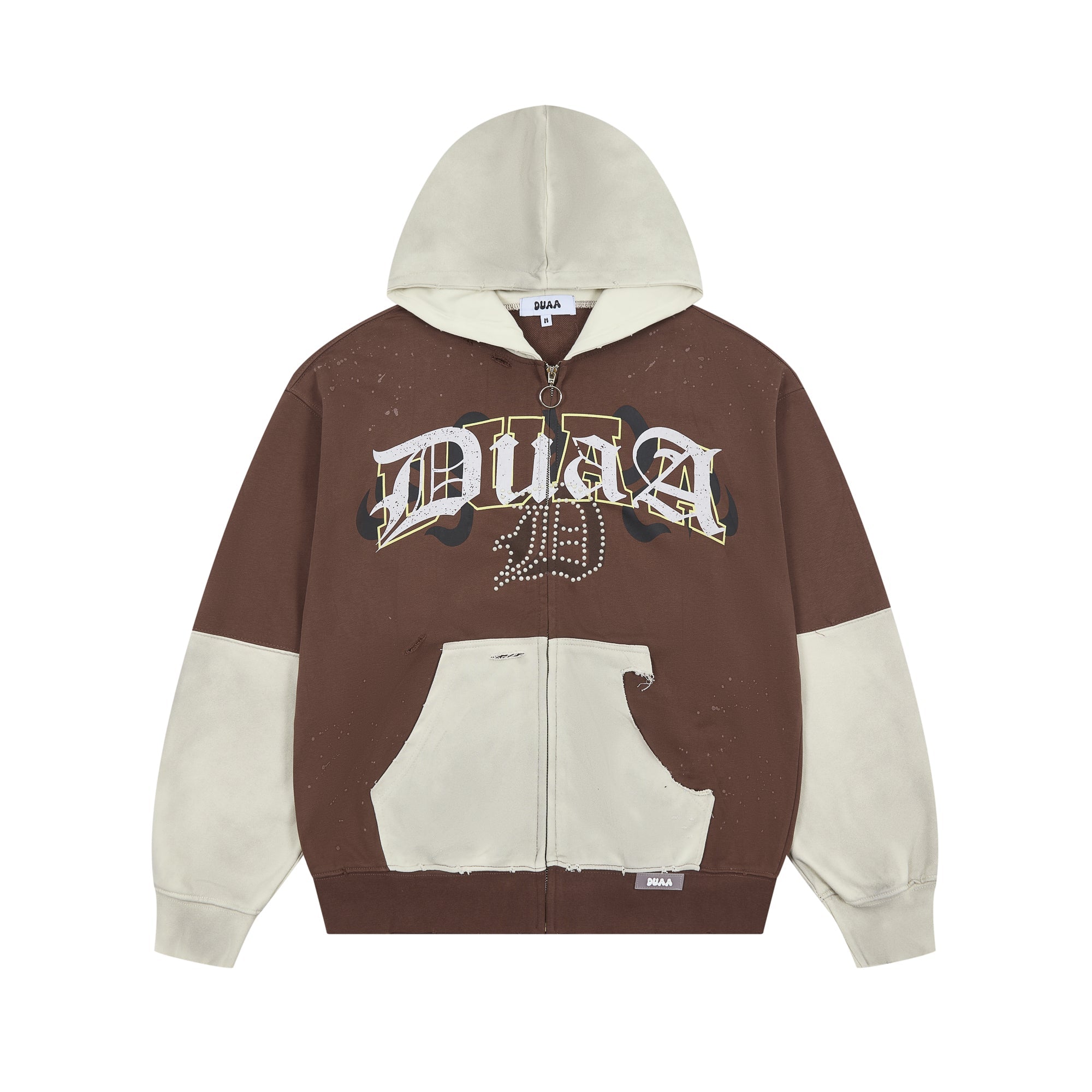 DUAA Two‑Tone Patchwork Distressed Gothic Logo Zip‑Up Hoodie